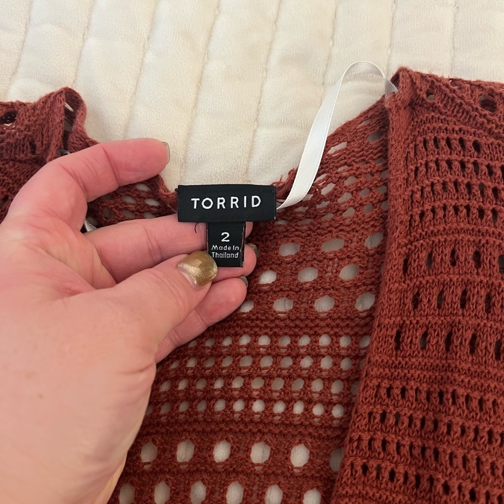 Torrid Brick Red Pointelle Long Open Front Cardigan - Picture 3 of 6
